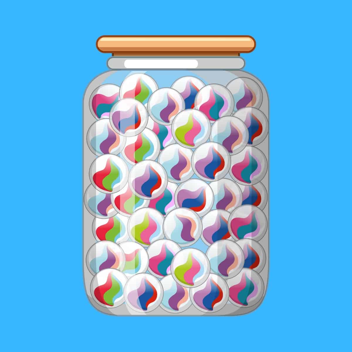 Cartoon graphic of a jar filled with marbles on a blue background.