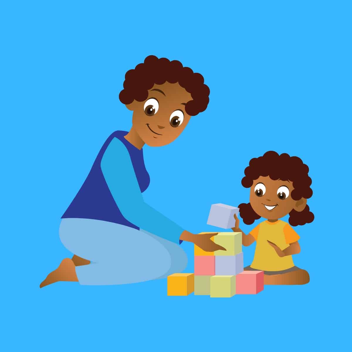 Cartoon graphic of a mom and her daughter playing with blocks together on Mother's Day on a blue background.