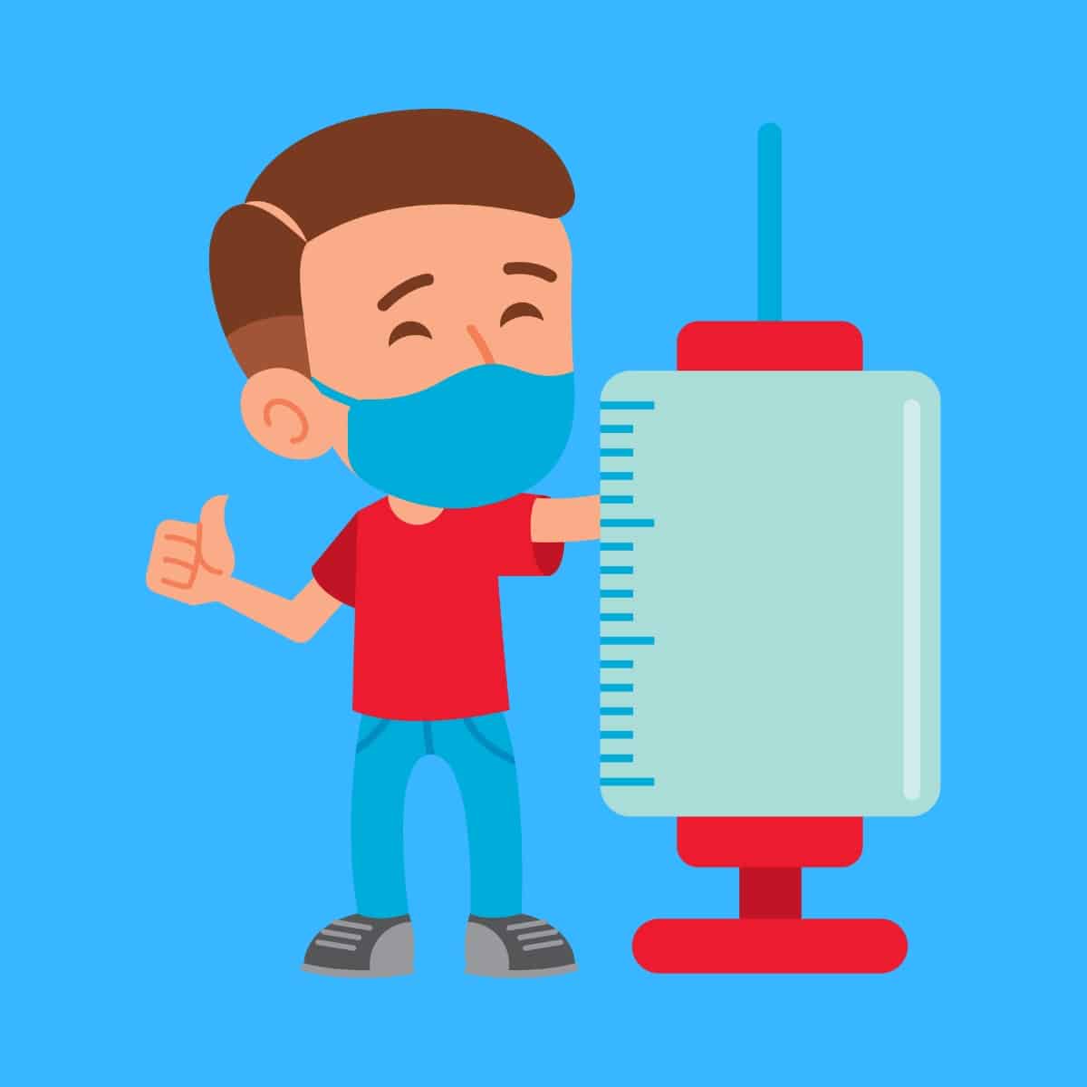 Cartoon graphic of a man in a mask standing next to a giant doctors needle on a blue background.