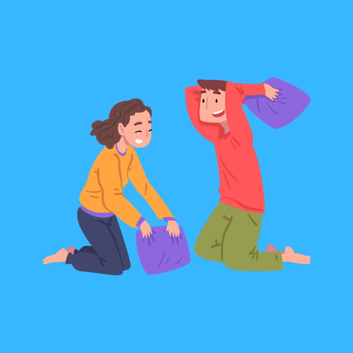 Cartoon graphic of a man and a women having a pillow fight on a blue background.