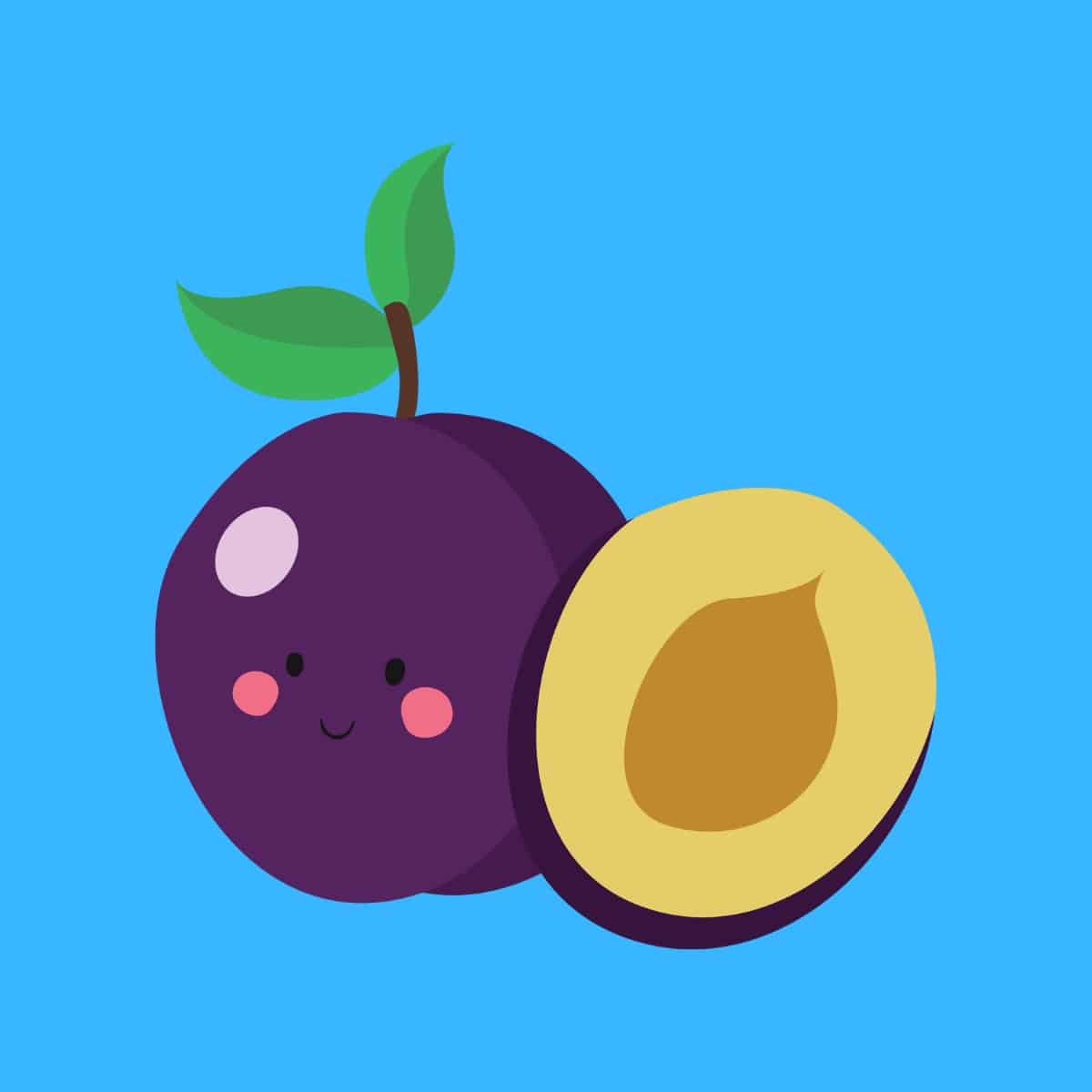 Cartoon graphic of a smiling plum with half a plum next to it on a blue background.