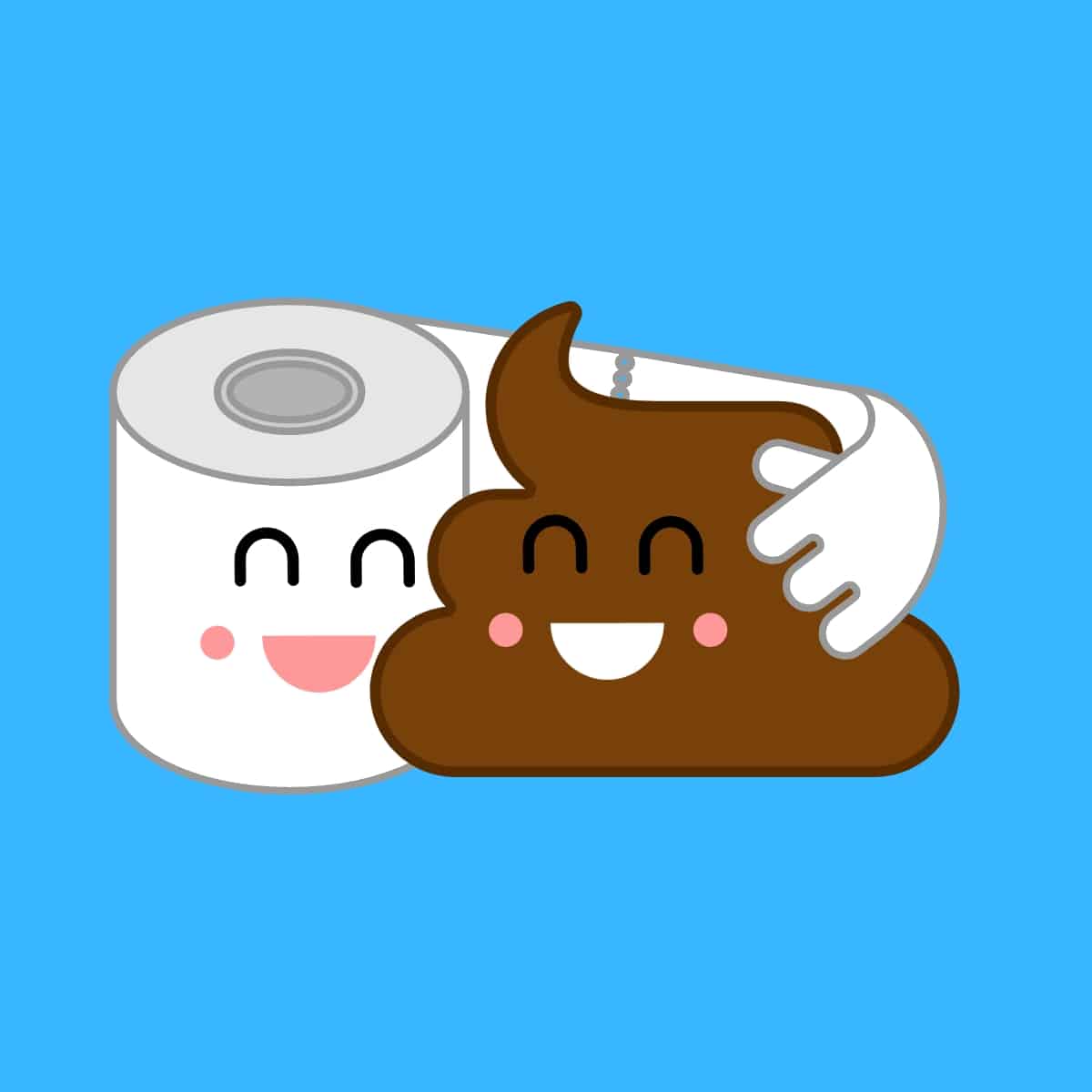 Cartoon graphic of a roll of toilet paper putting its arm around a smiling poop on a blue background.