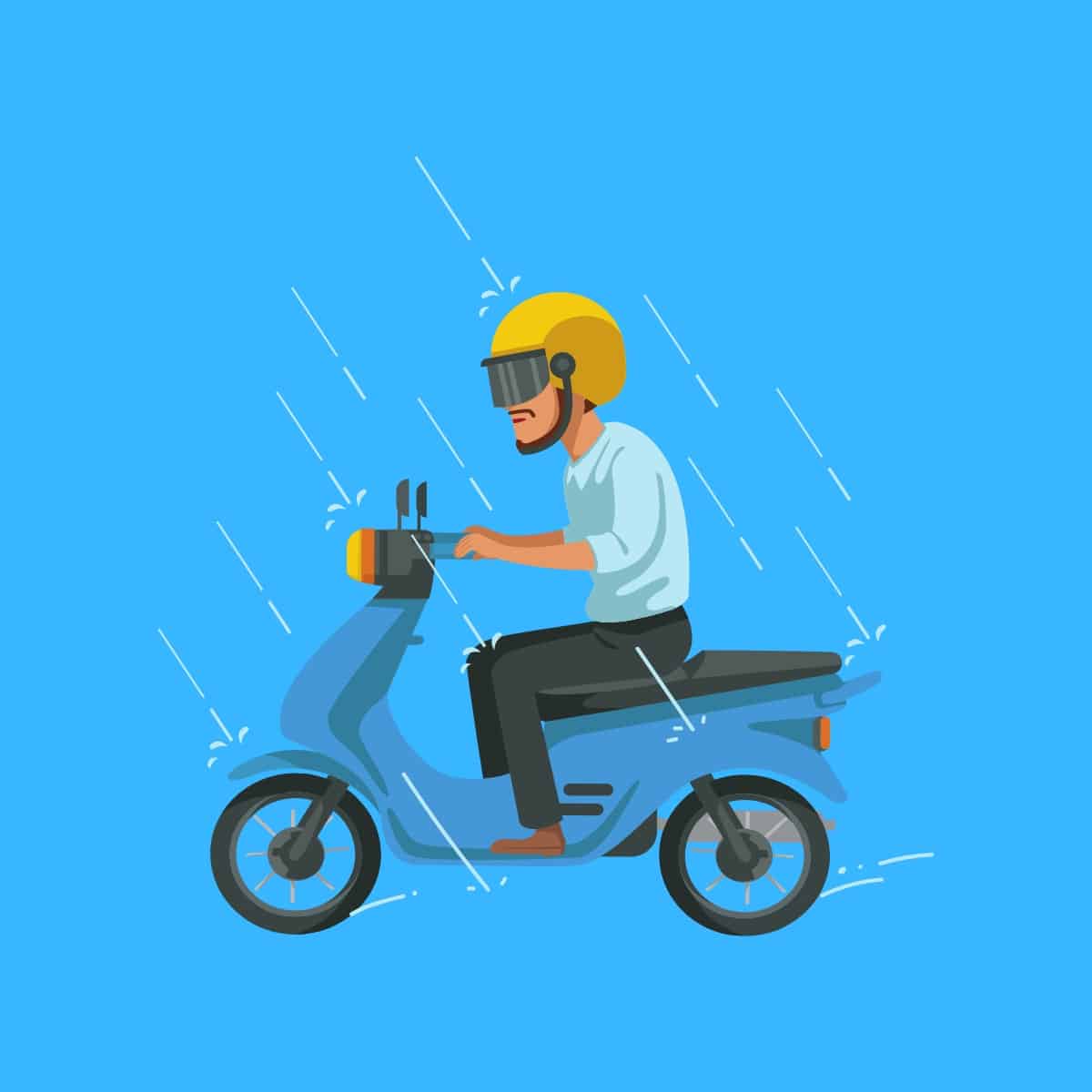 Cartoon graphic of a main on a scooter while its raining on a blue background.