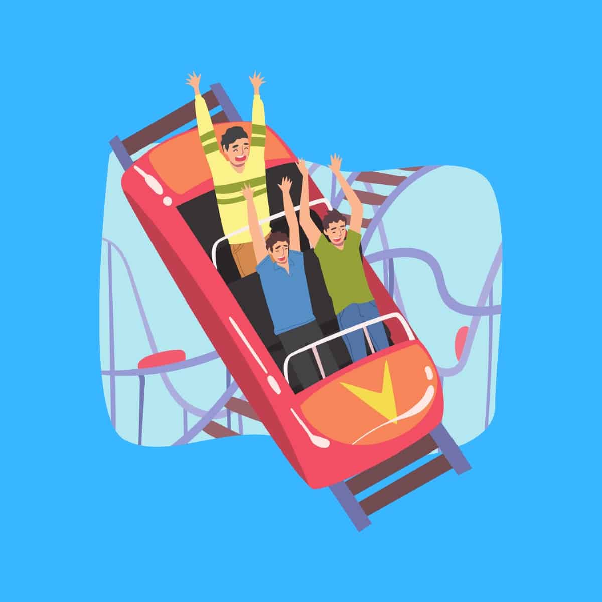 Cartoon graphic of 3 people in a roller coaster on a blue background.