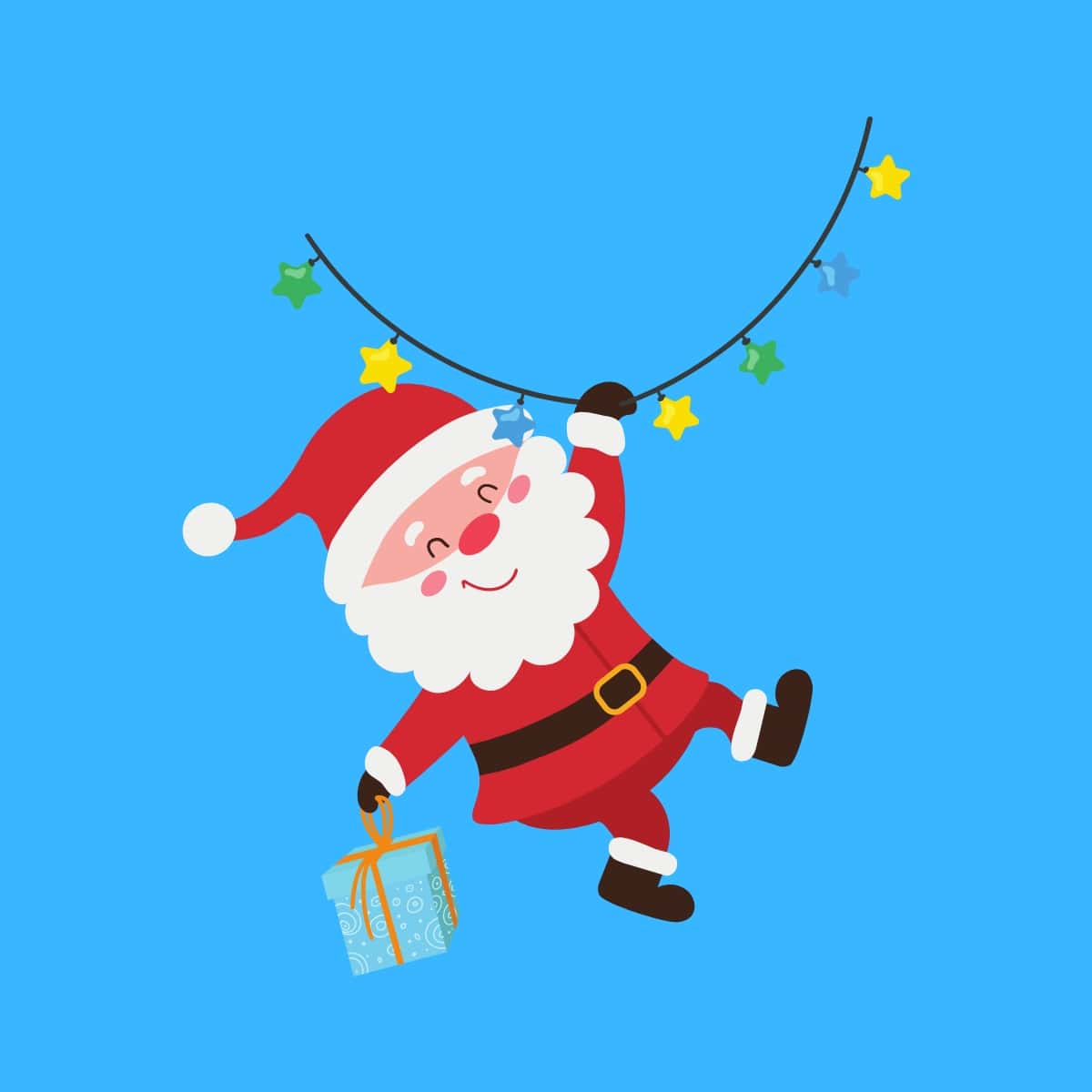 Cartoon graphic of a Santa swinging on Christmas lights on a blue background.
