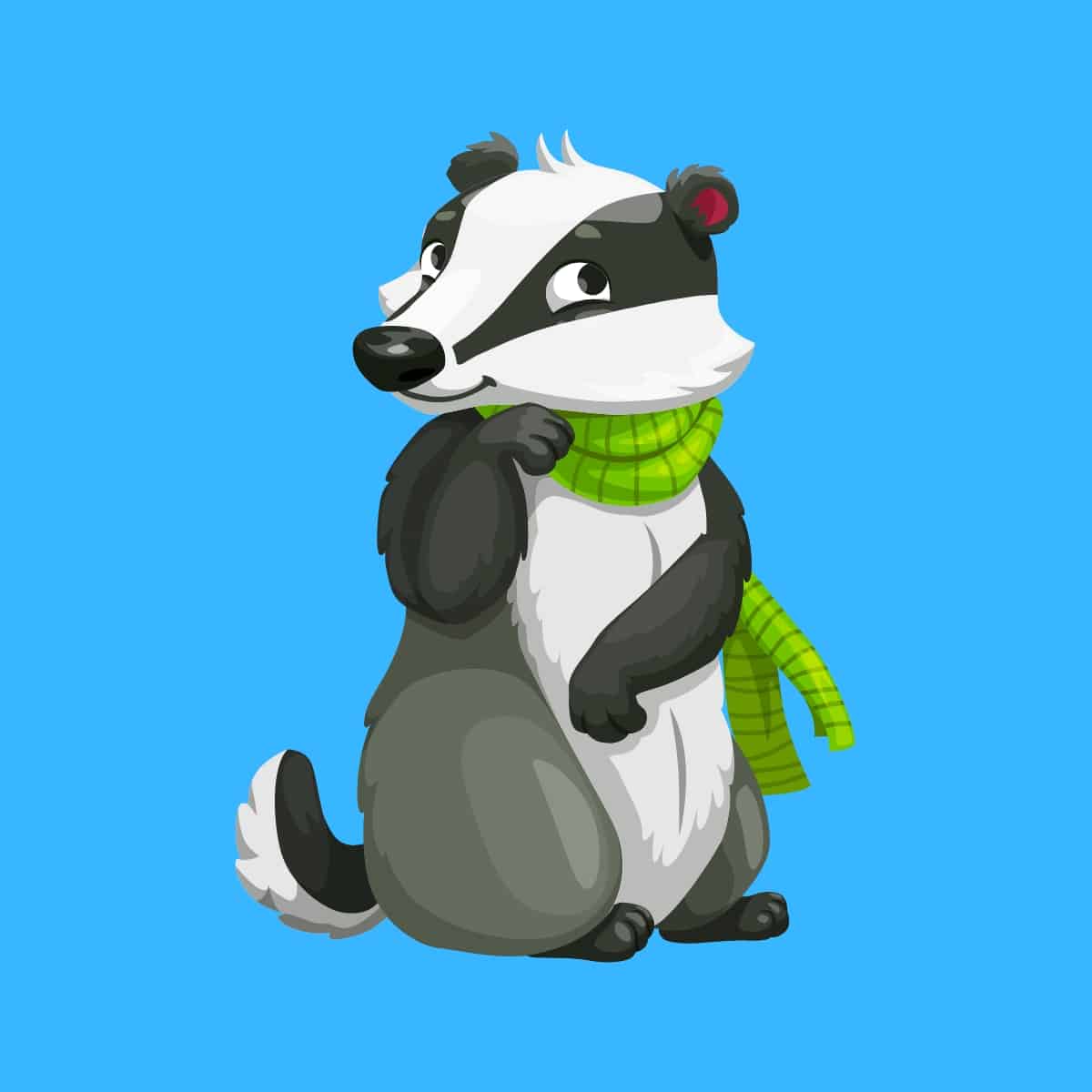 Cartoon graphic of a badger wearing a green scarf on a blue background.