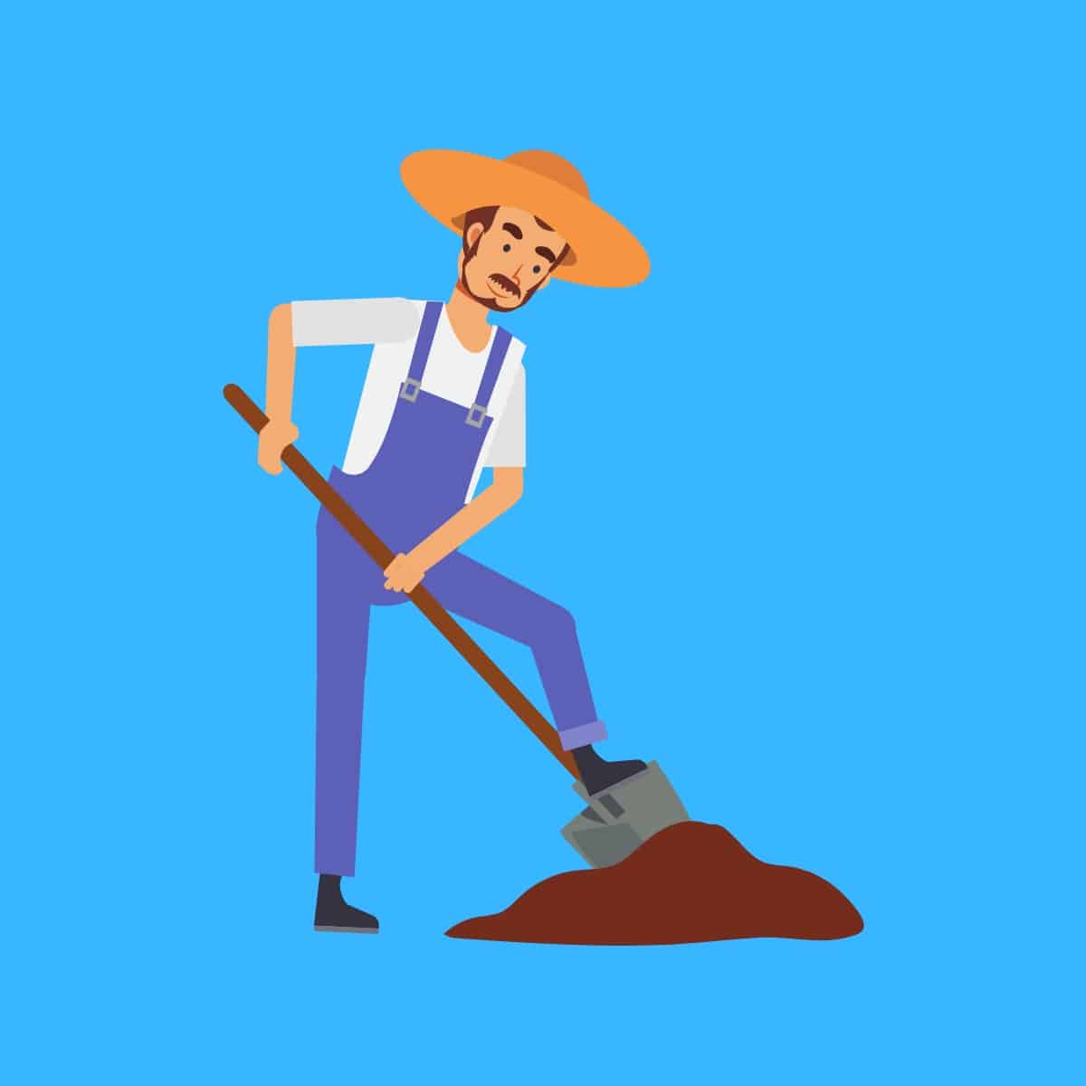 Cartoon graphic of a man digging dirt with a shovel on a blue background.
