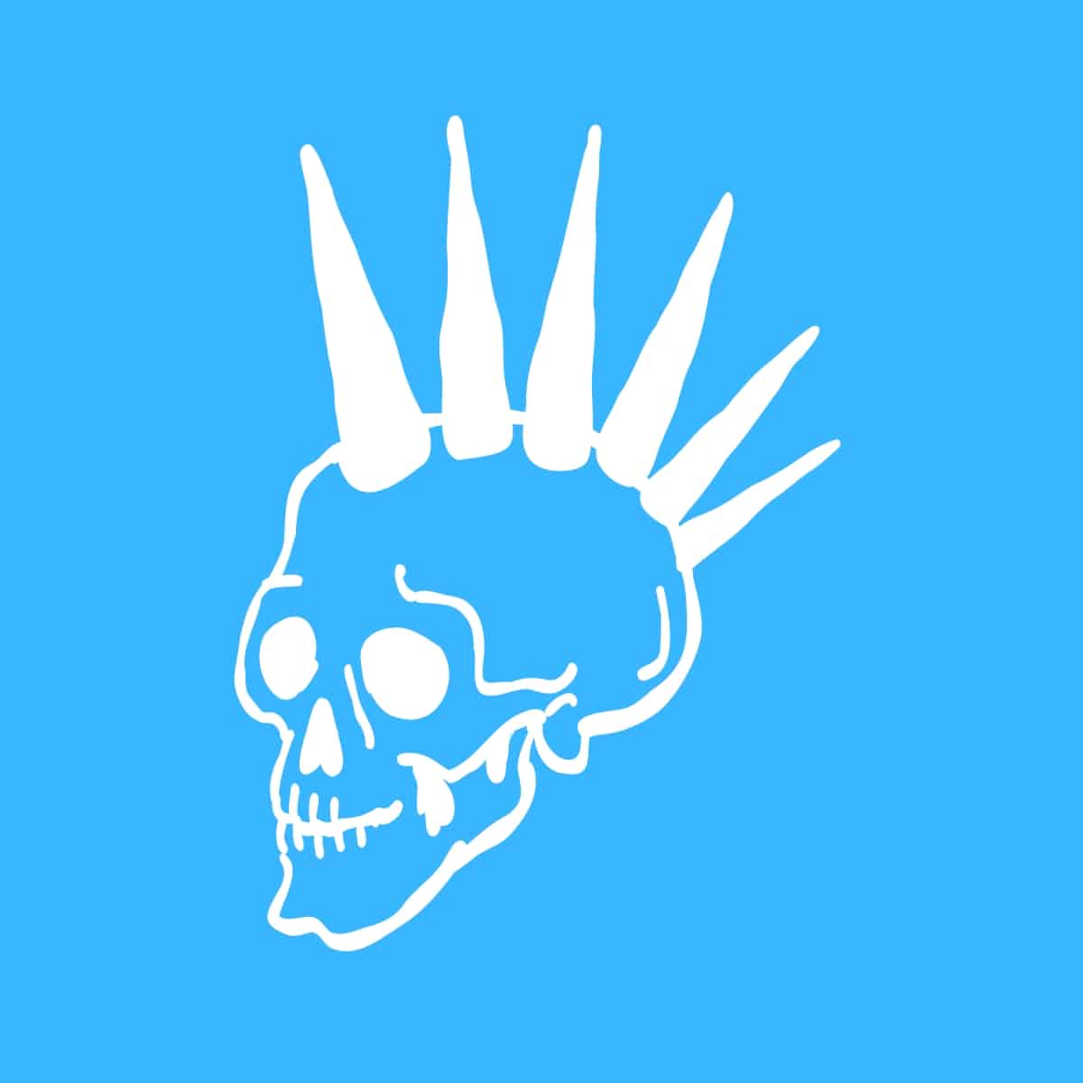 Cartoon graphic of a skull with a mohawk on a blue background.