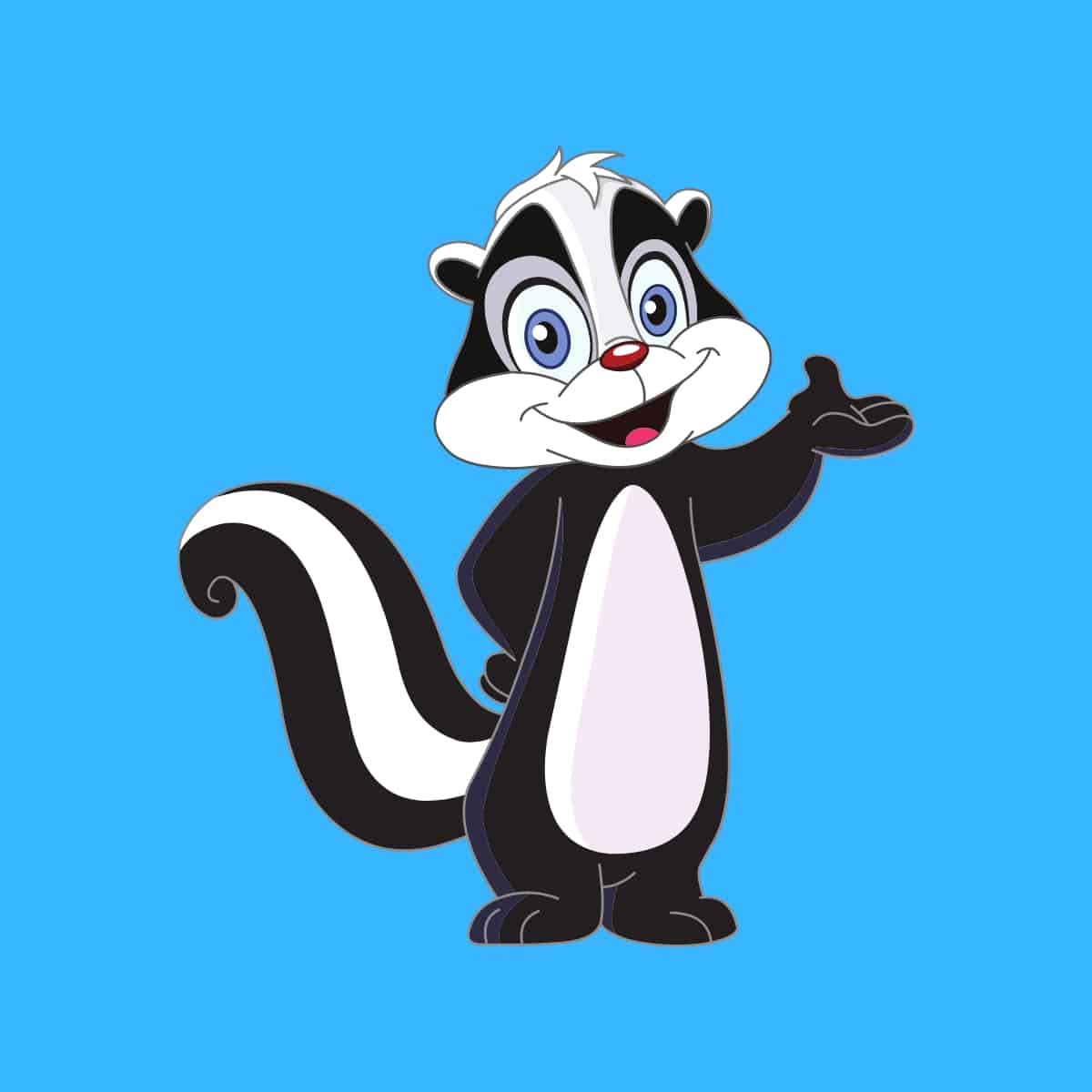 Cartoon graphic of a skunk smiling with one hand in the air on a blue background.