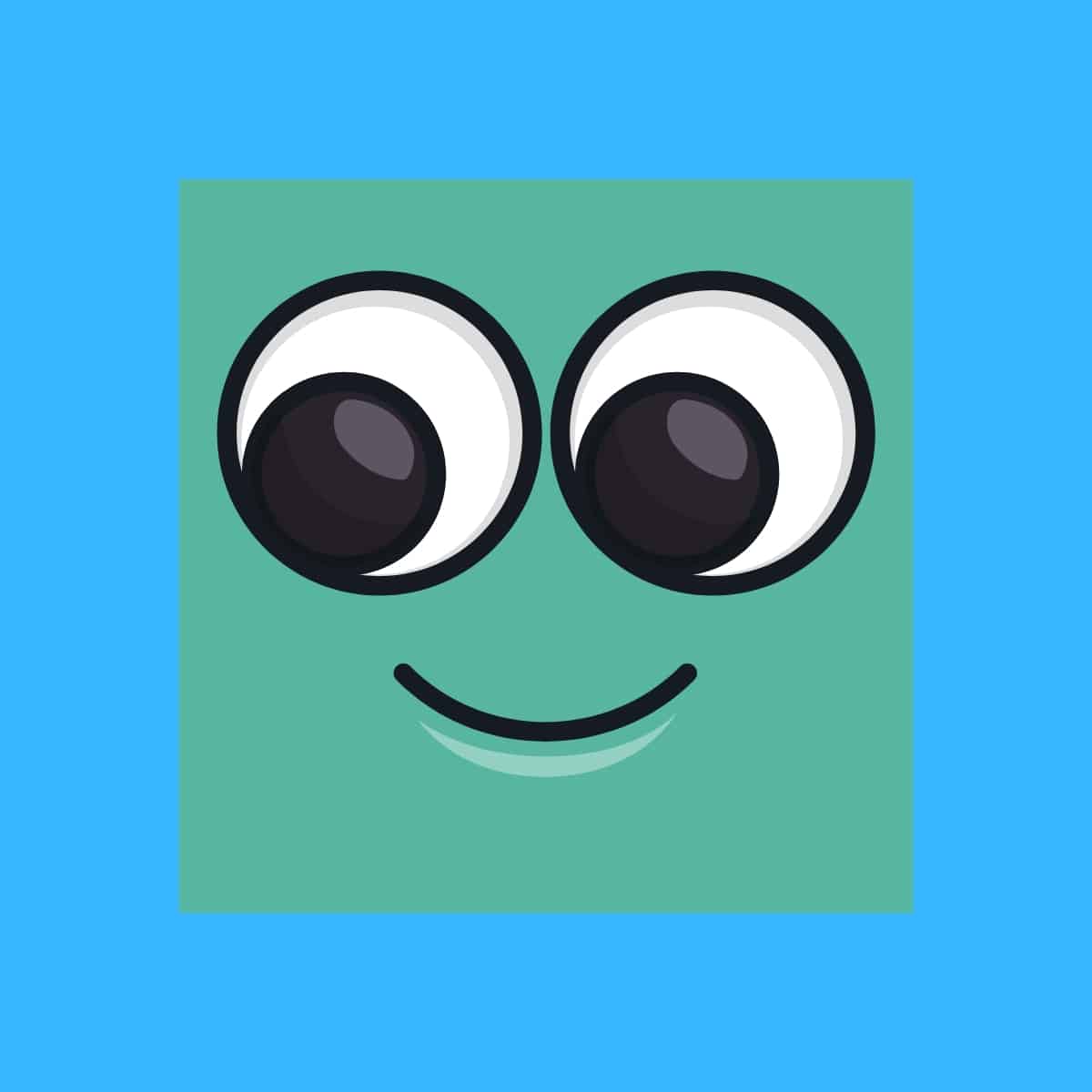 Cartoon graphic of a green square with big eyes smiling on blue background.