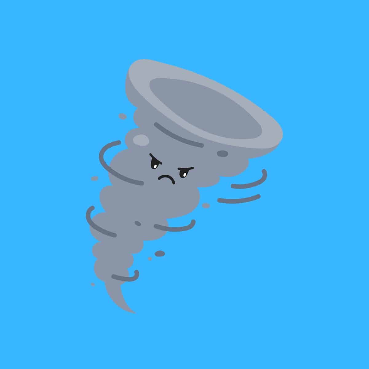 Cartoon graphic of a twister storm with an angry face on a blue background.