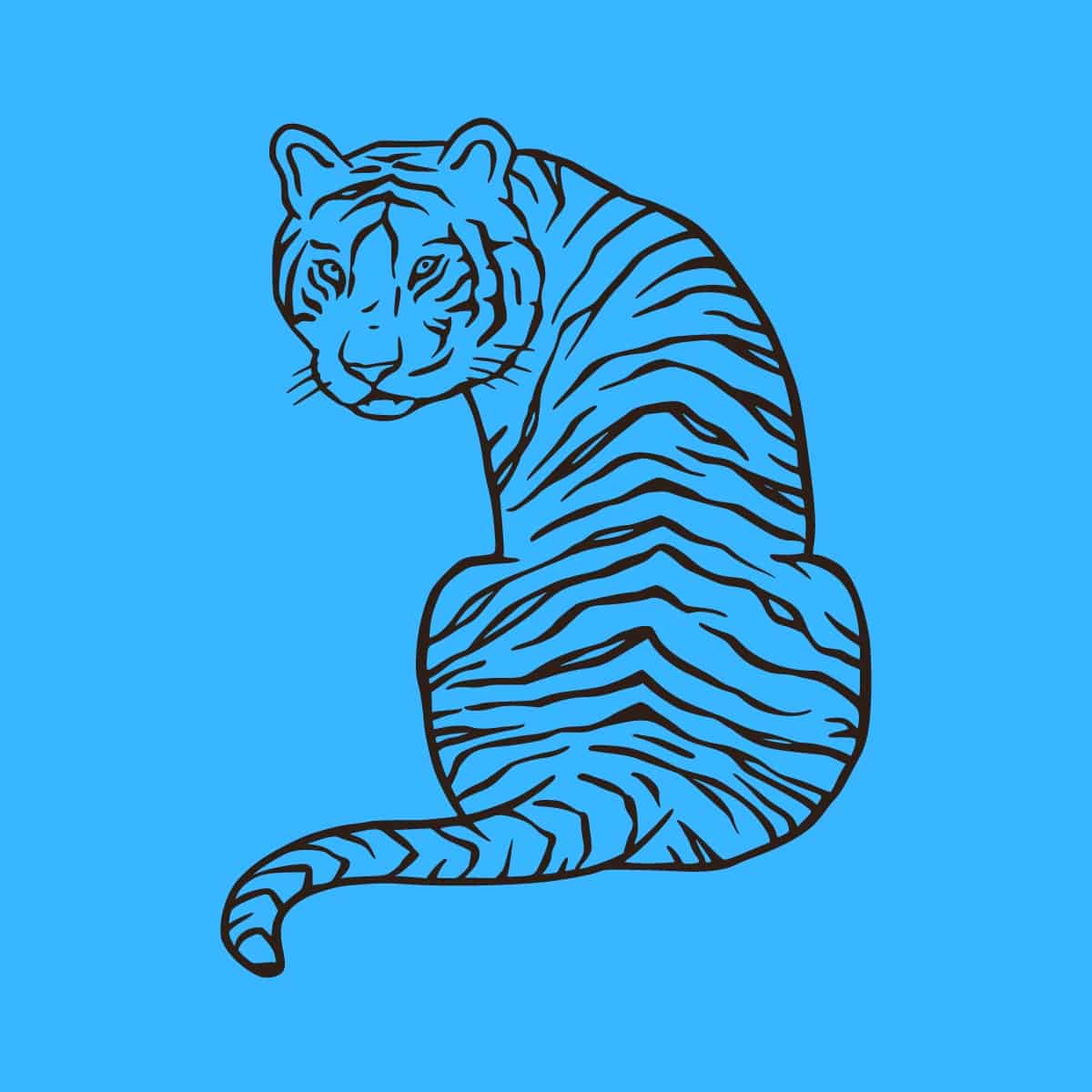 Cartoon graphic of a black outlined tiger with stripes on a blue background.