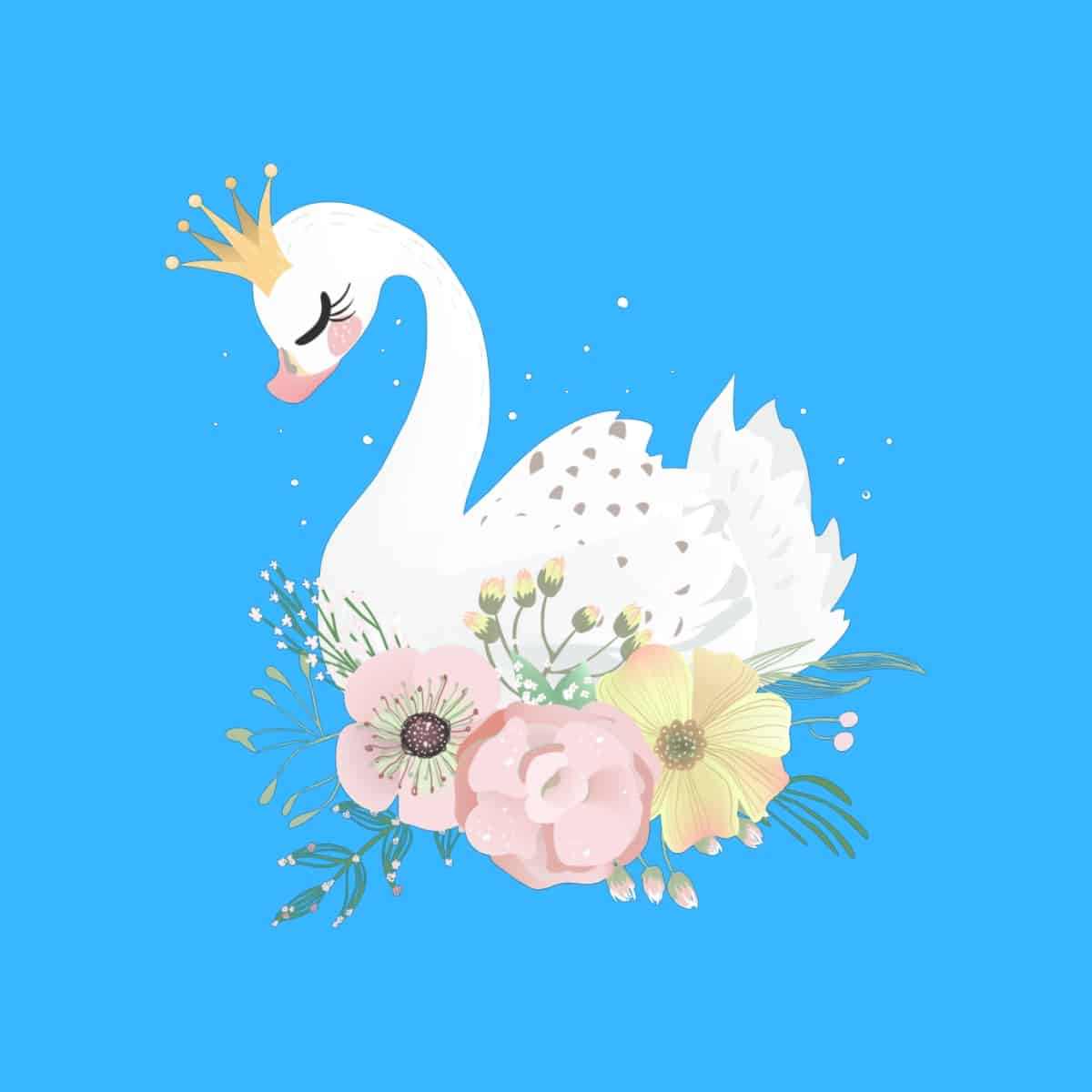 Cartoon graphic of a cute white swan with a crown on a blue background.