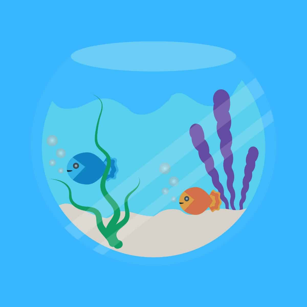 Cartoon graphic of two fish in a fish tank on a blue background.