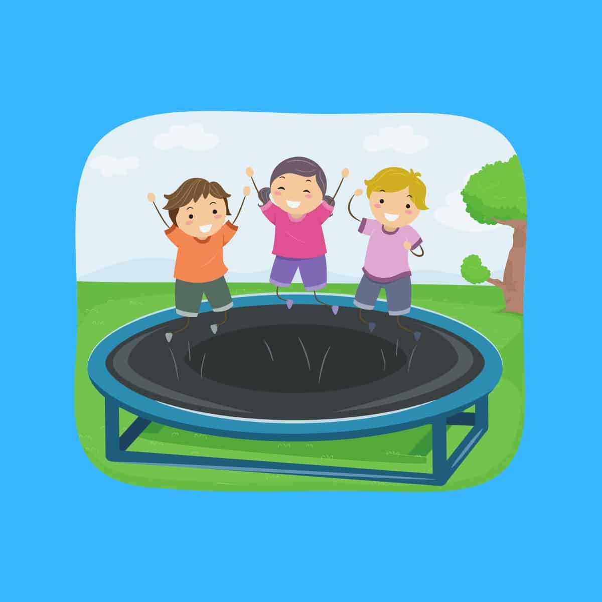Cartoon graphic of 3 young kids smiling and jumping on a trampoline on a blue background.