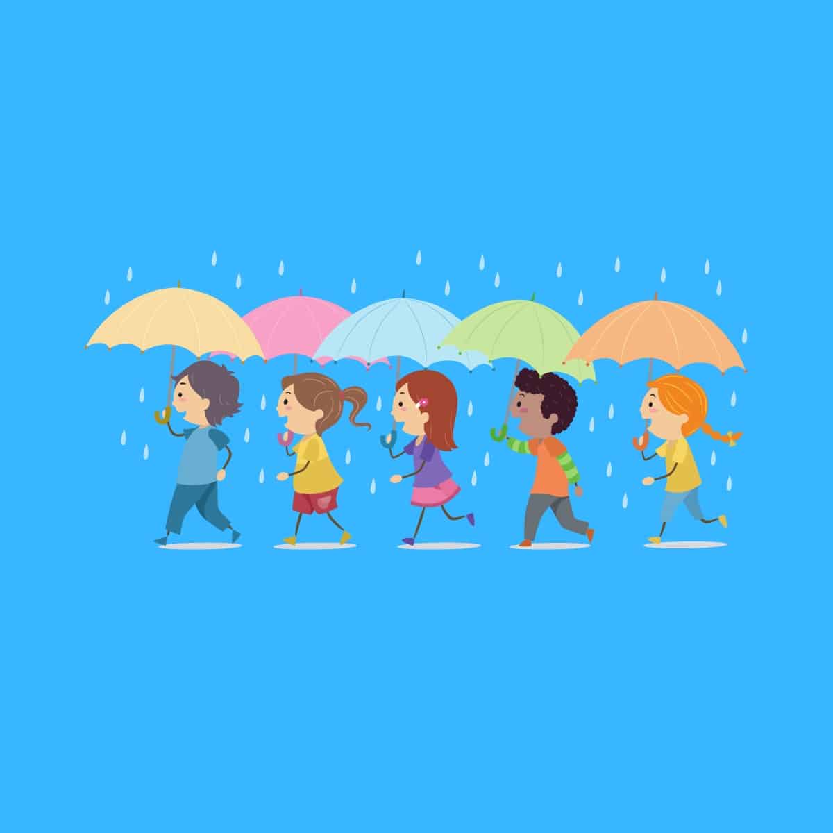 Cartoon graphic of 5 kids holding umbrellas while it rains as they walk on a blue background.