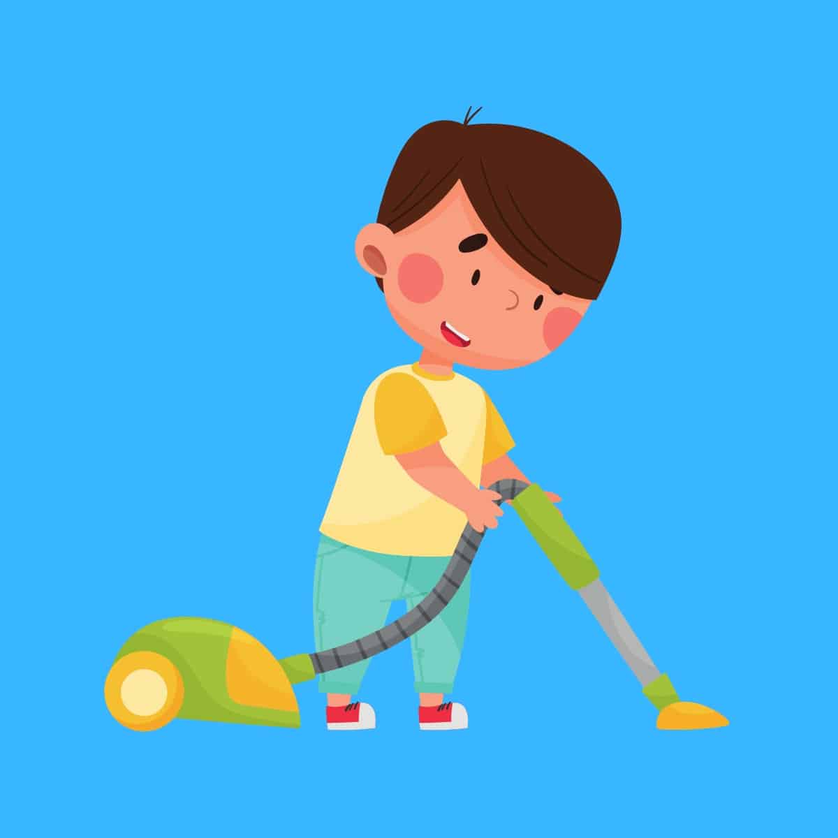 Cartoon graphic of a young boy with a vacuum cleaner on a blue background.