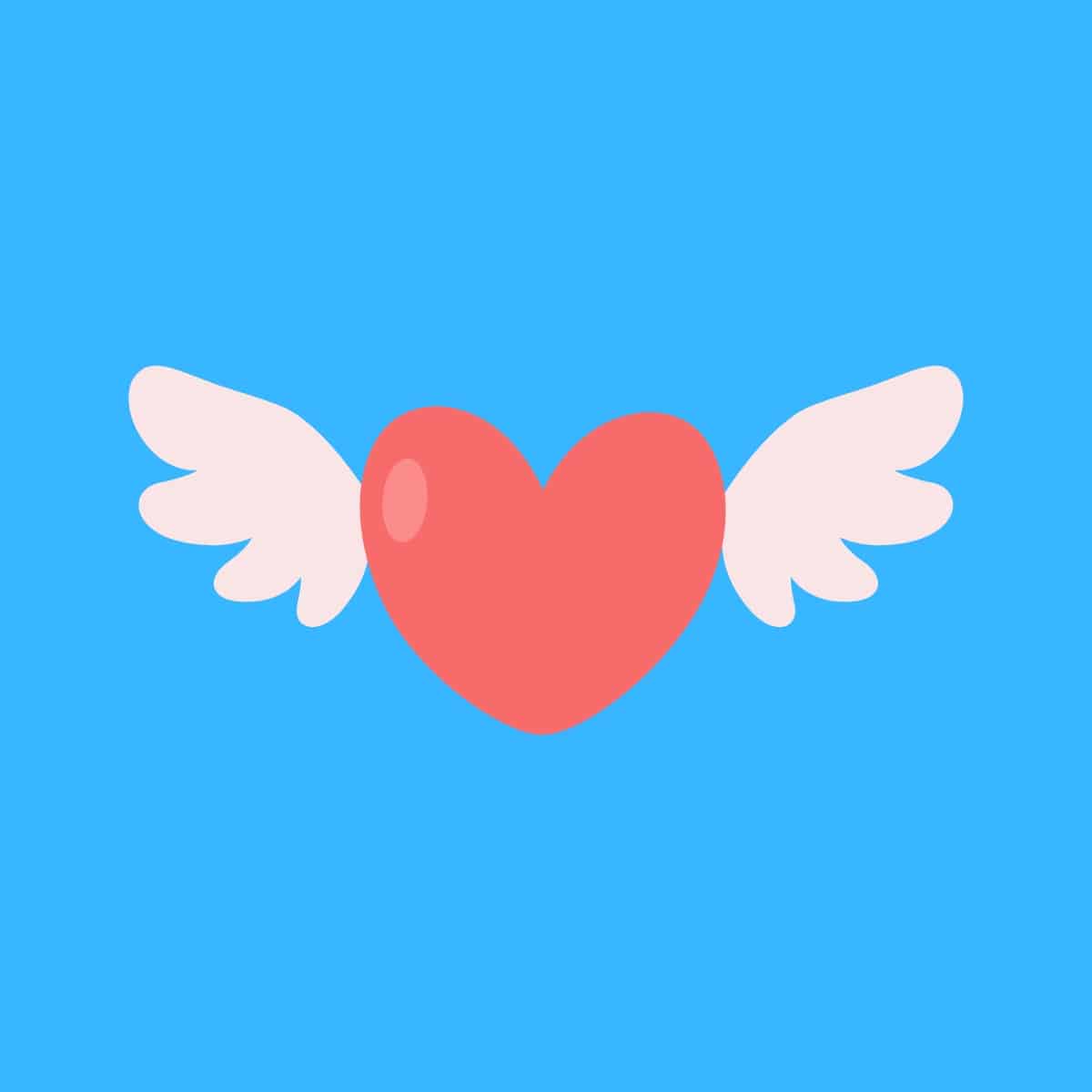 Cartoon graphic of a heart with wings to symbolize Valentine's day on a blue background.