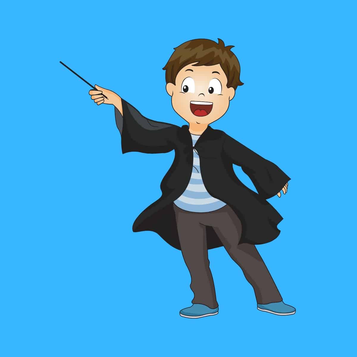 Cartoon graphic of a young boy wizard casting a spell on a blue background.