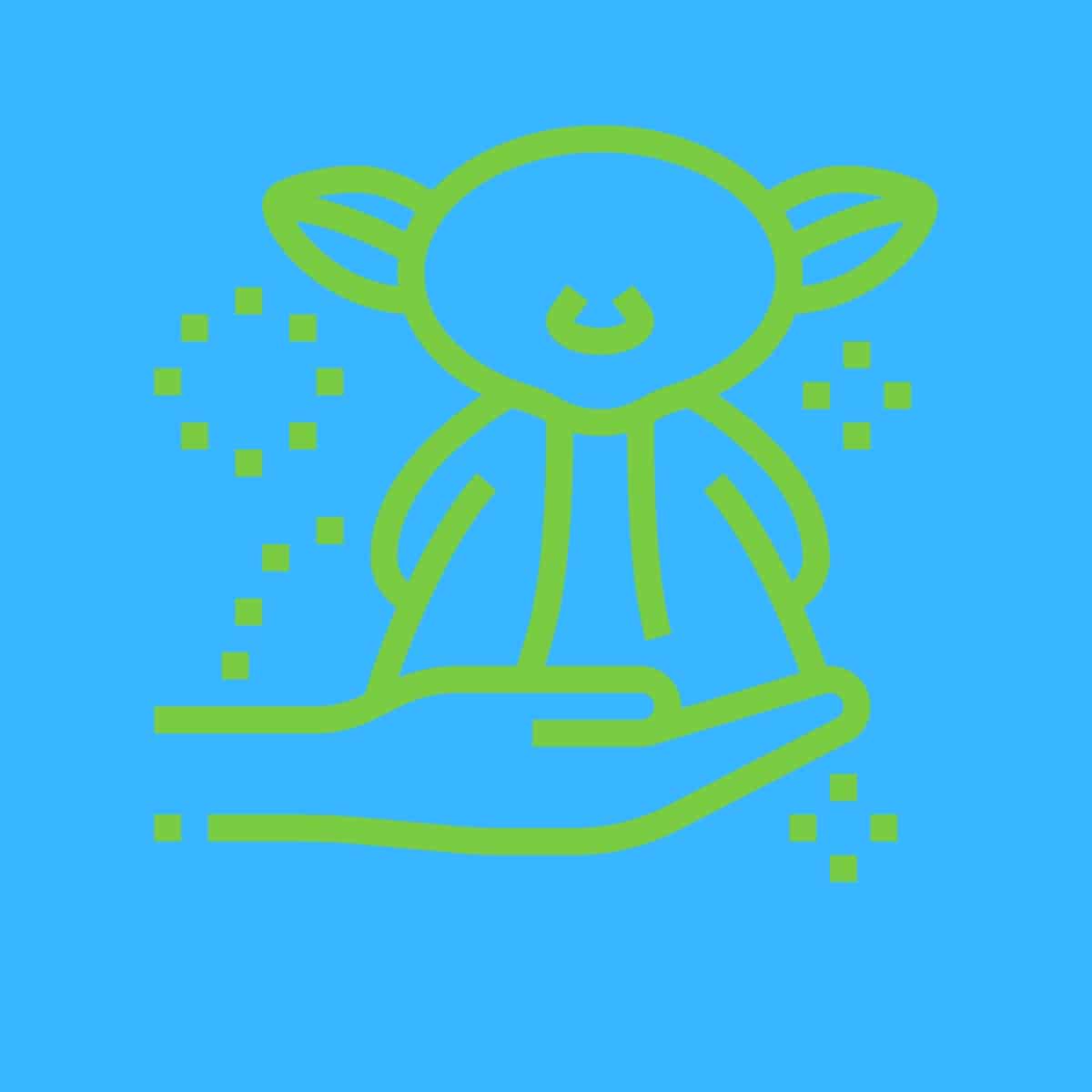 Cartoon graphic of an outline of baby Yoda on a hand on a blue background.