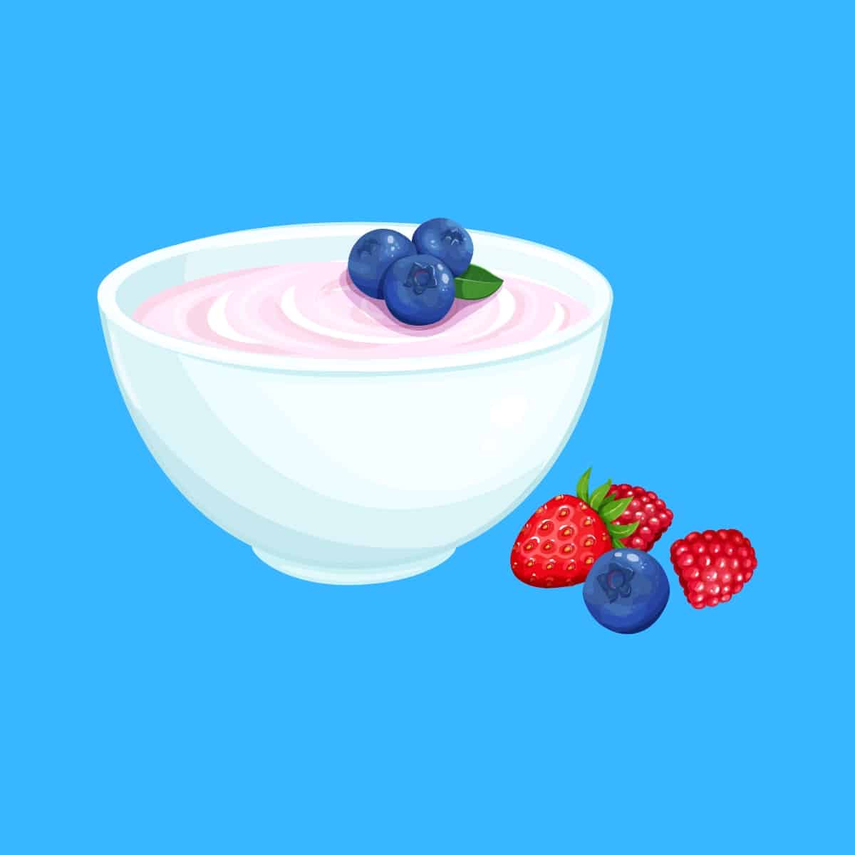 Cartoon graphic of a bowl full of berry yogurt on a blue background.