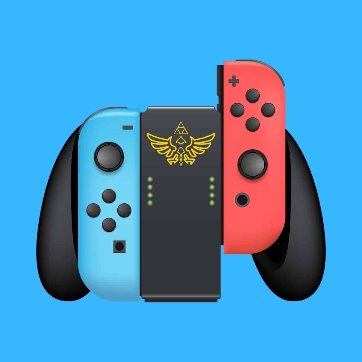 Cartoon graphic of a nintendo switch controller with the Zelda symbol in the middle on a blue background.