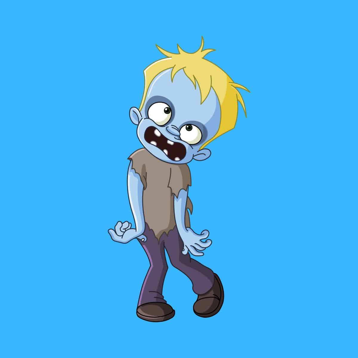 Cartoon graphic of a young blue zombie with blonde hair on a blue background.