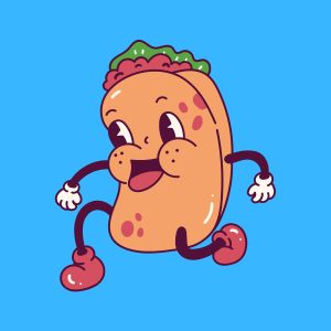 Cartoon graphic of walking kebab with a face on a blue background.