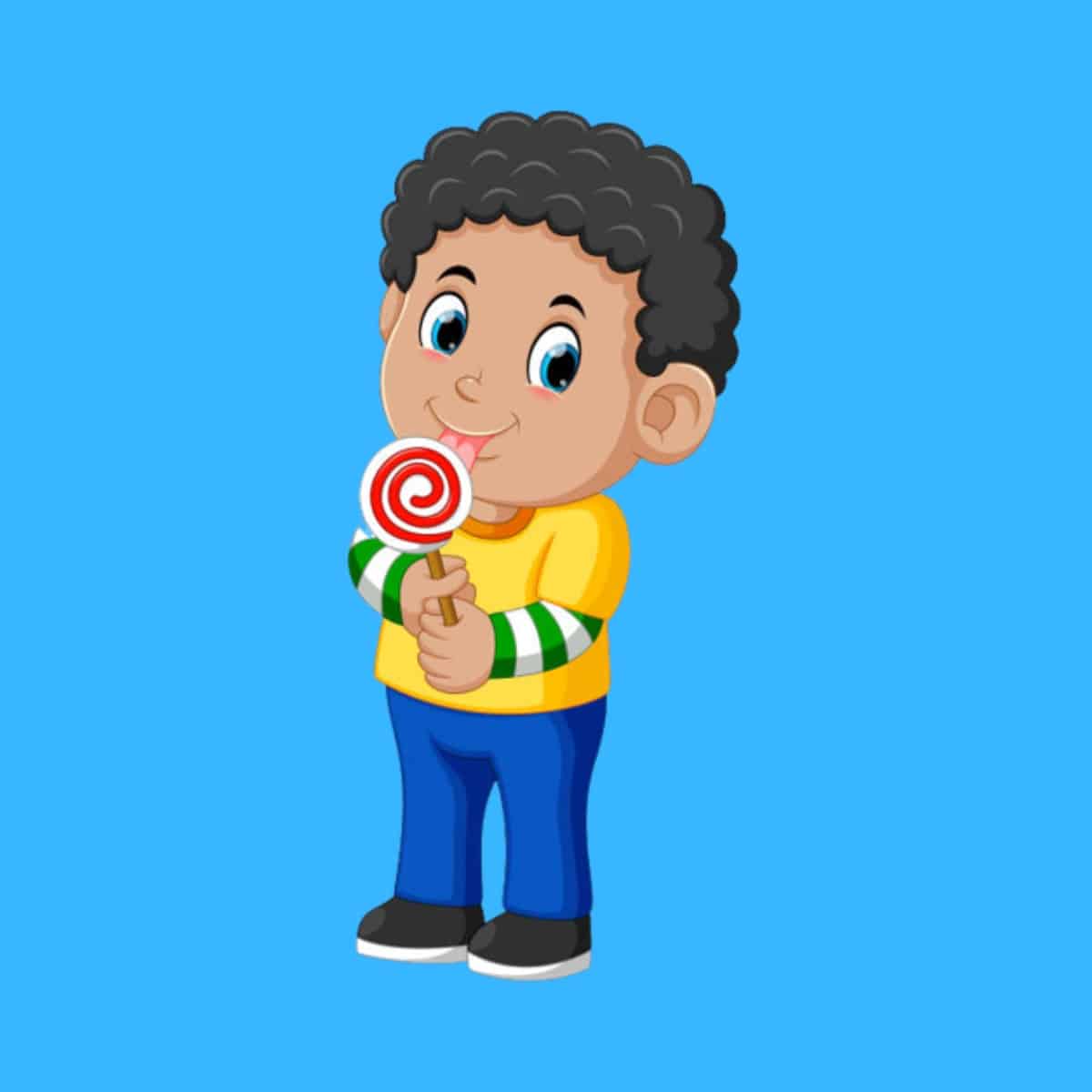 Cartoon graphic of a young boy licking a red and white lollipop on a blue background.