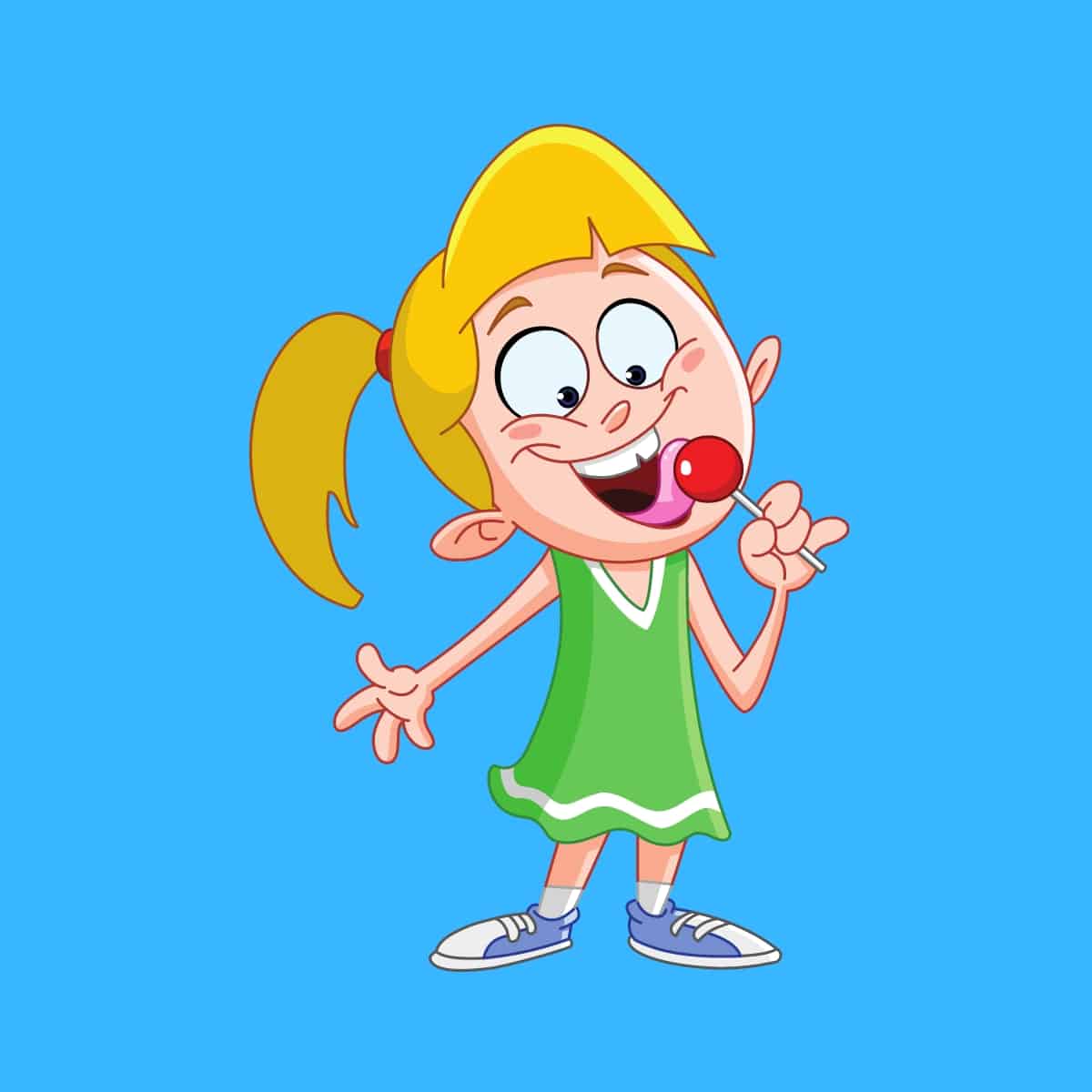 Cartoon graphic of a young girl licking a red lollipop on a blue background.