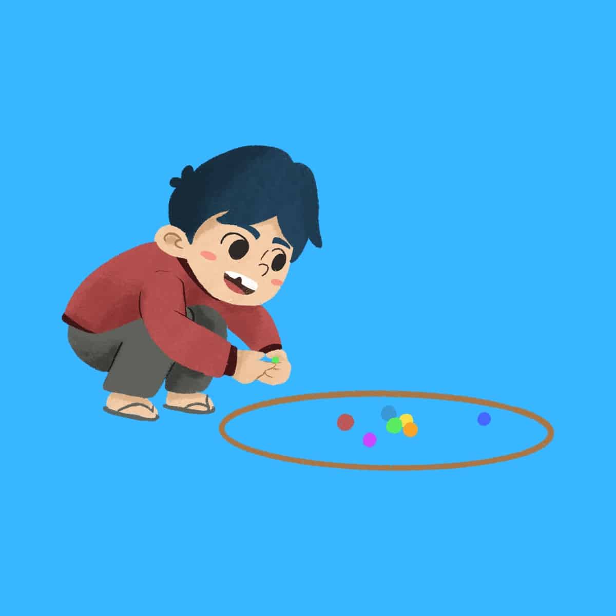 Cartoon graphic of a boy playing with marbles inside a circle on a blue background.