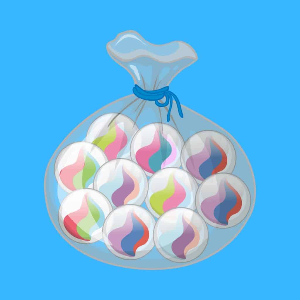 Cartoon graphic of a bag of marbles on a blue background.
