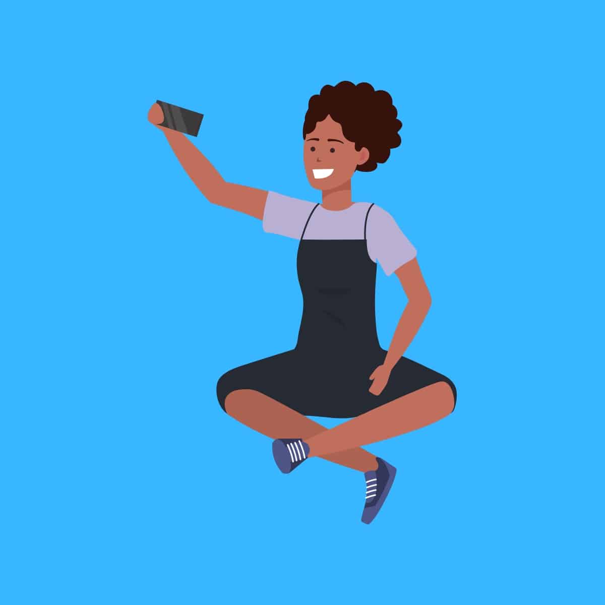 Cartoon graphic of a millennial girl sitting and doing a selfie on a blue background.