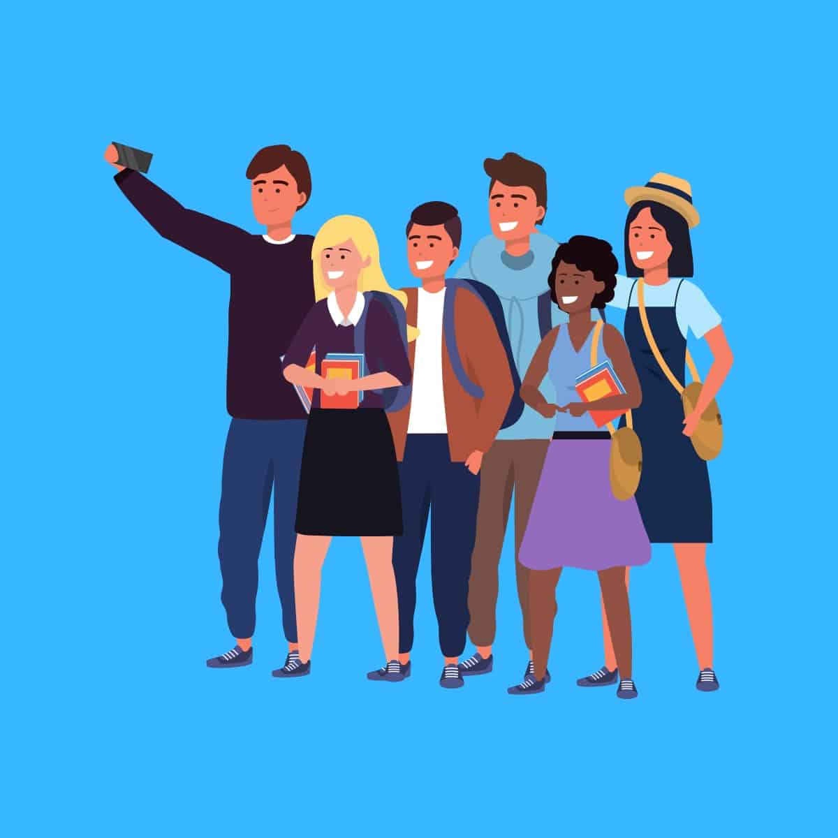 Cartoon graphic of a group of millennials doing a selfie group photo on a blue background.