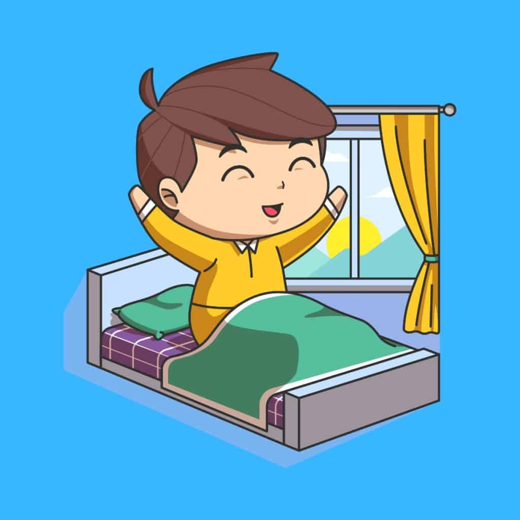 Cartoon graphic of a young boy waking up in the morning in his bed on a blue background.