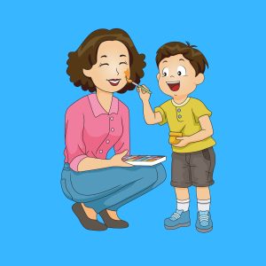 Cartoon graphic of a son using a paint brush on his mom's face on Mother's Day on a blue background.