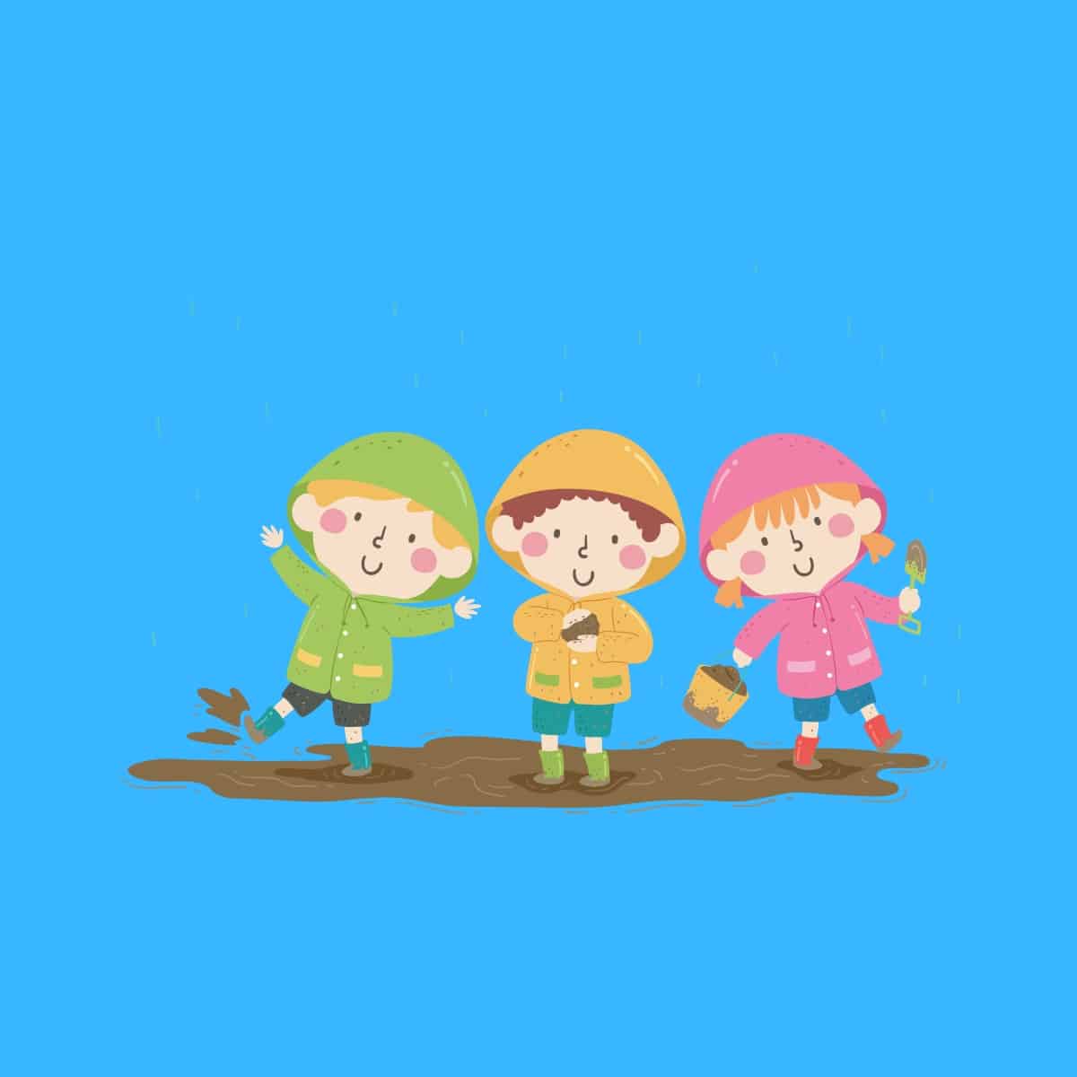 Cartoon graphic of 3 kids playing in mud on a blue background.