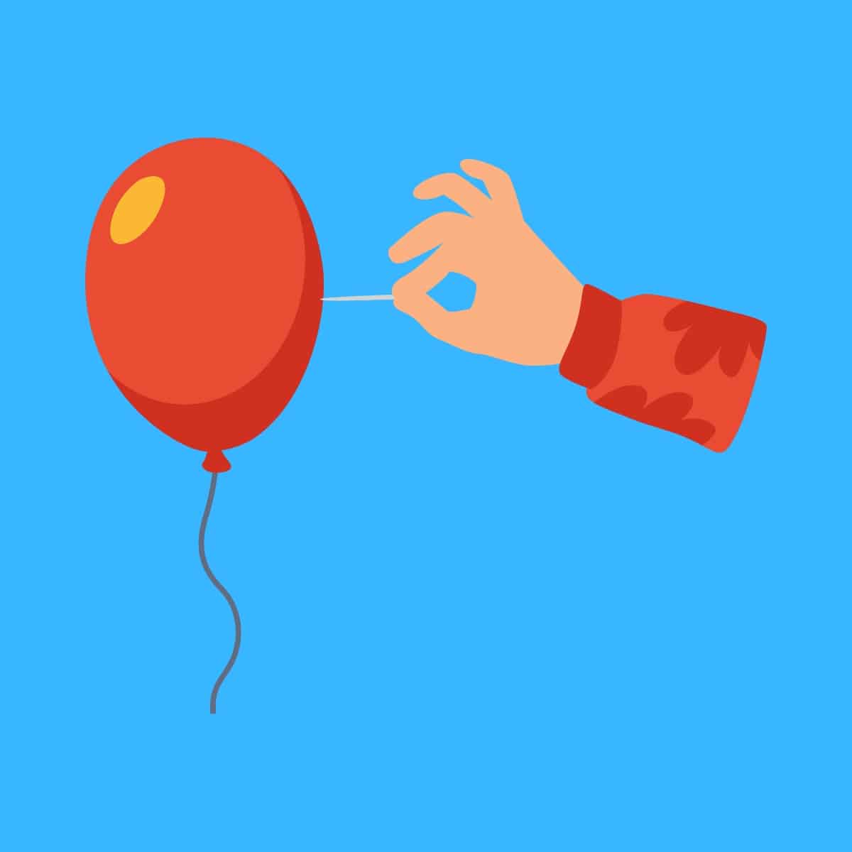 Cartoon graphic of a hand holding a needle about to pop a red balloon on a blue background.