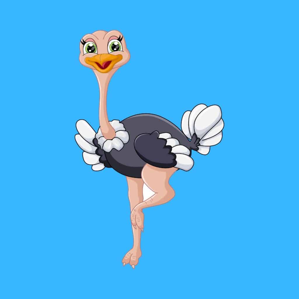 Cartoon graphic of a smiling ostrich on one leg on a blue background.