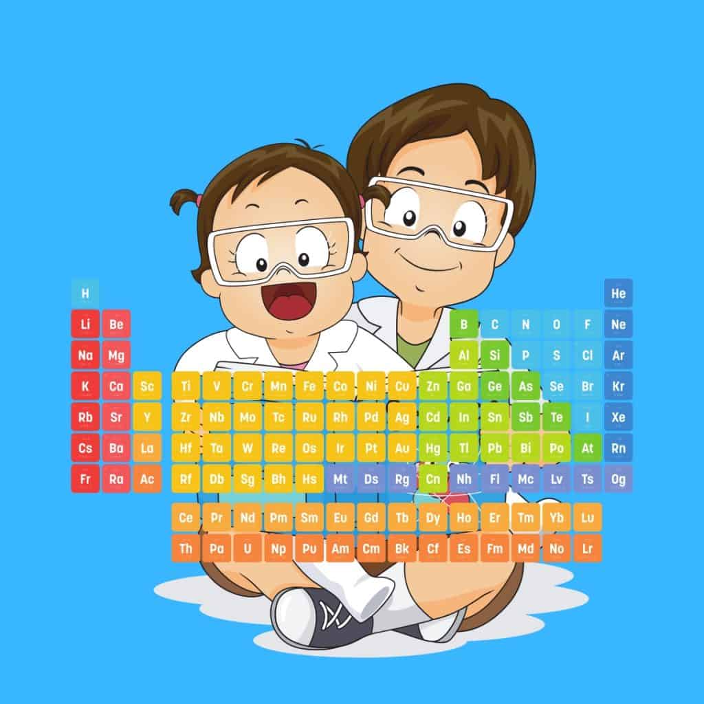 Cartoon graphic of man and daughter in scientist outfits looking and smiling at the periodic table on a blue background.