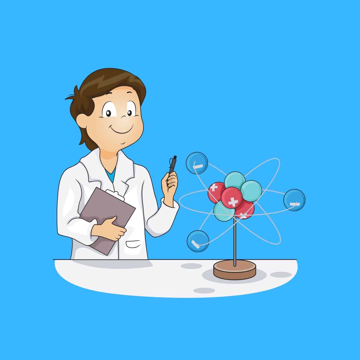 Cartoon graphic of a scientist looking at a molecule structure from the periodic table on a table on a blue background.