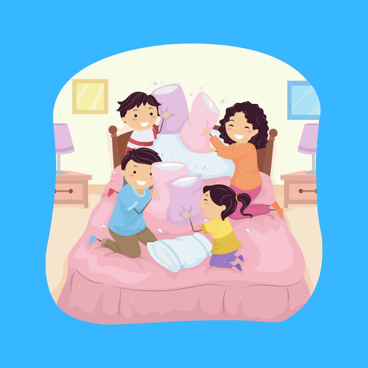 Cartoon graphic of a family of four having a pillow fight on a bed on a blue background.