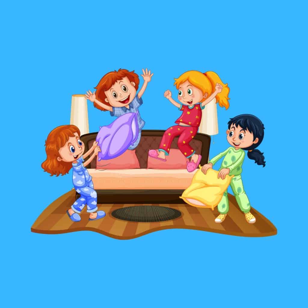 Cartoon graphic of four young girls having a pillow fight in a bedroom on a blue background.
