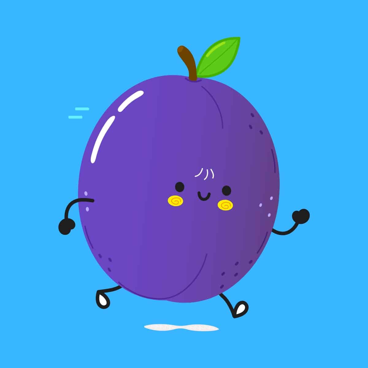 Cartoon graphic of a running purple plum on a blue background.