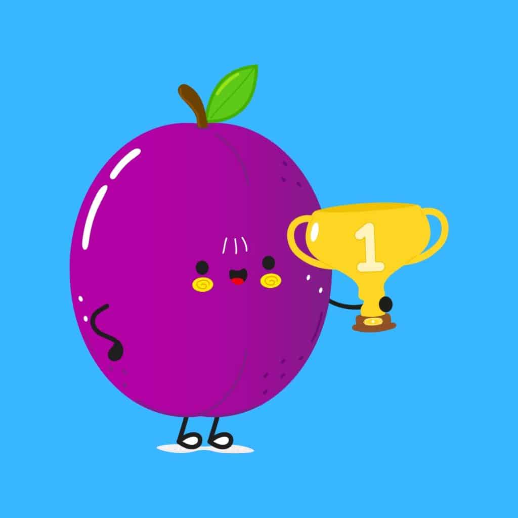 Cartoon graphic of a plum holding a #1 trophy on a blue background.