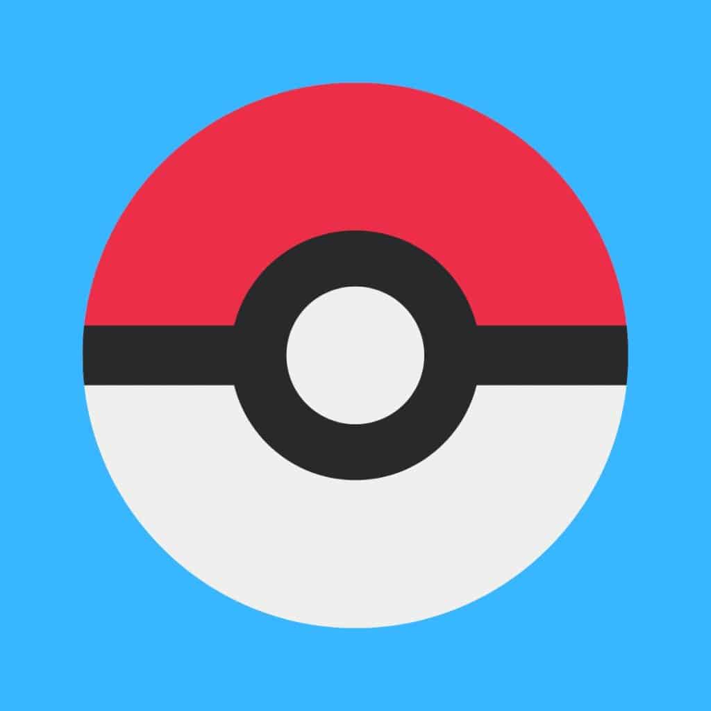 Cartoon graphic of a red and white Pokémon pokeball on a blue background.