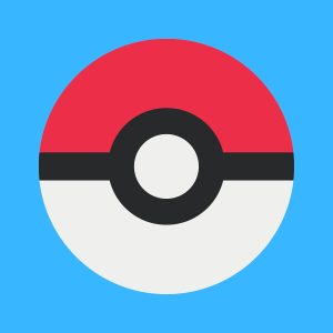 Cartoon graphic of a red and white Pokémon pokeball on a blue background.