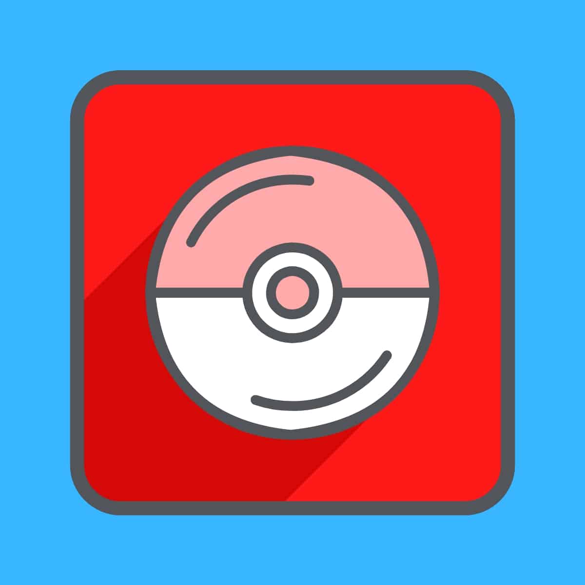 Cartoon graphic of a red and white Pokémon pokeball in a red square box on a blue background.