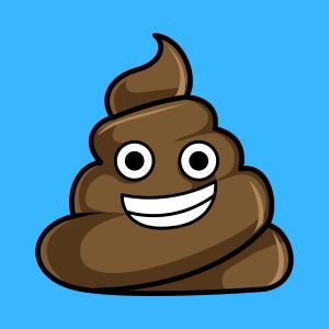 Cartoon graphic of a smiling poop emoji-type face on a blue background.