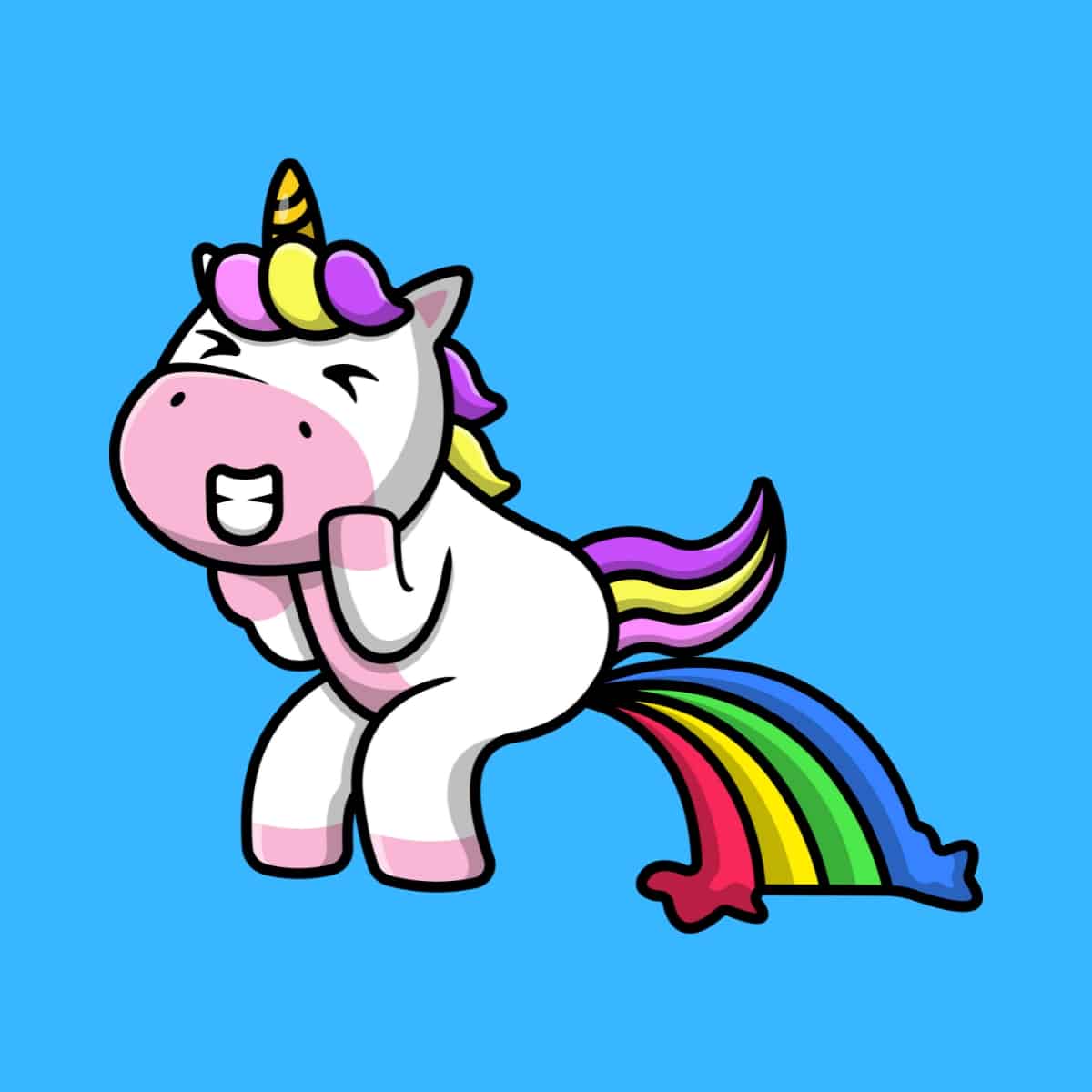 Cartoon graphic of a unicorn trying to poop and a rainbow coming out on a blue background.